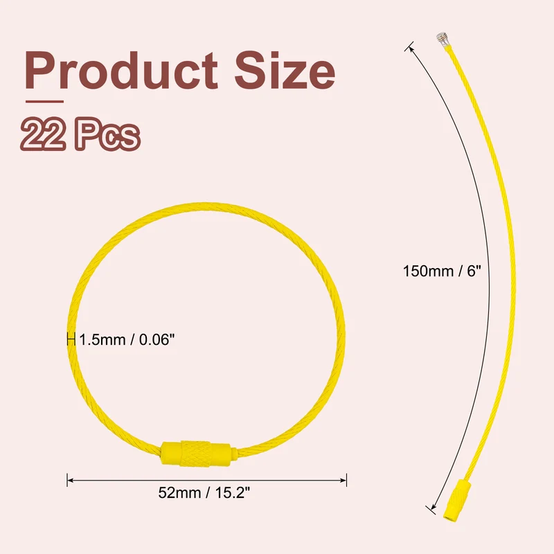 22 Pcs Wire Keychain Cable, 6 Inch Metal Wire Key Ring Loop, Yellow