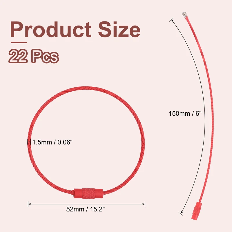 22Pcs Wire Keychain Cable 6 Inch Metal Wire Key Ring Loop Red