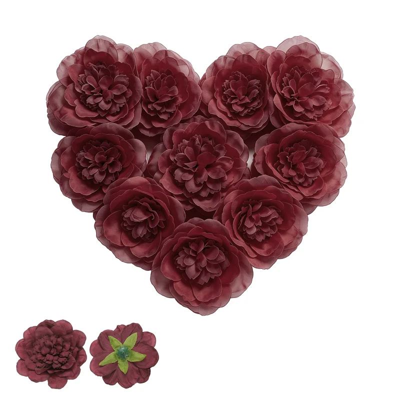10 Pcs Fake Flower Heads, Artificial Flowers Hydrangea Heads, Dark Red