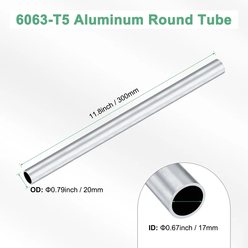1-Pack 6063 Aluminum Round Tube, 17mmx20mm(IDxOD) 300mm Length Straight Tubing