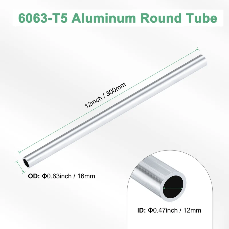 1-Pack 6063 Aluminum Round Tube, 12mmx16mm(IDxOD) 300mm Length Straight Tubing