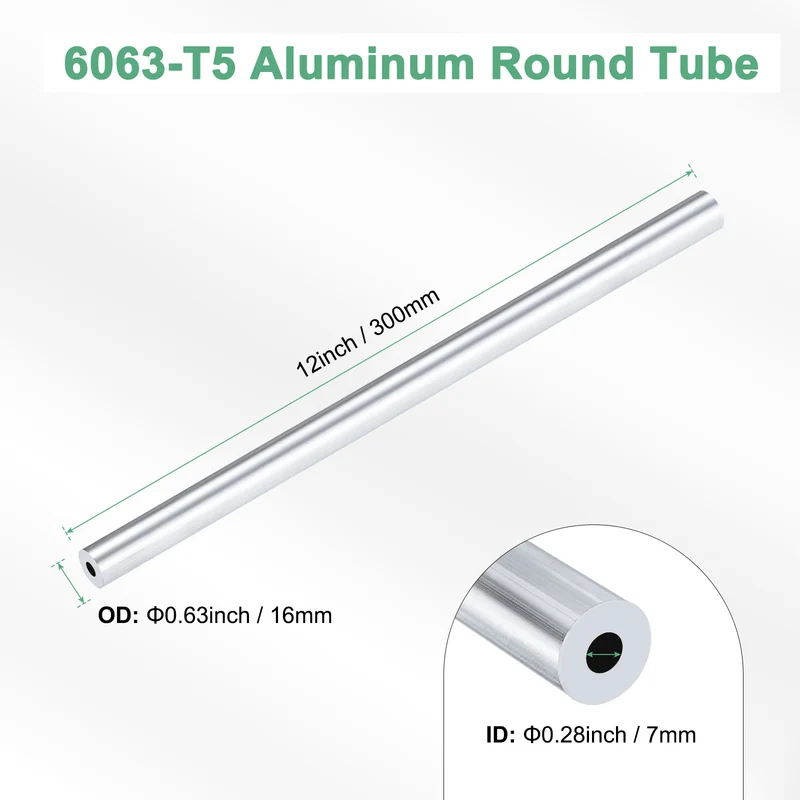 1-Pack 6063 Aluminum Round Tube, 7mmx16mm(IDxOD) 300mm Length Straight Tubing