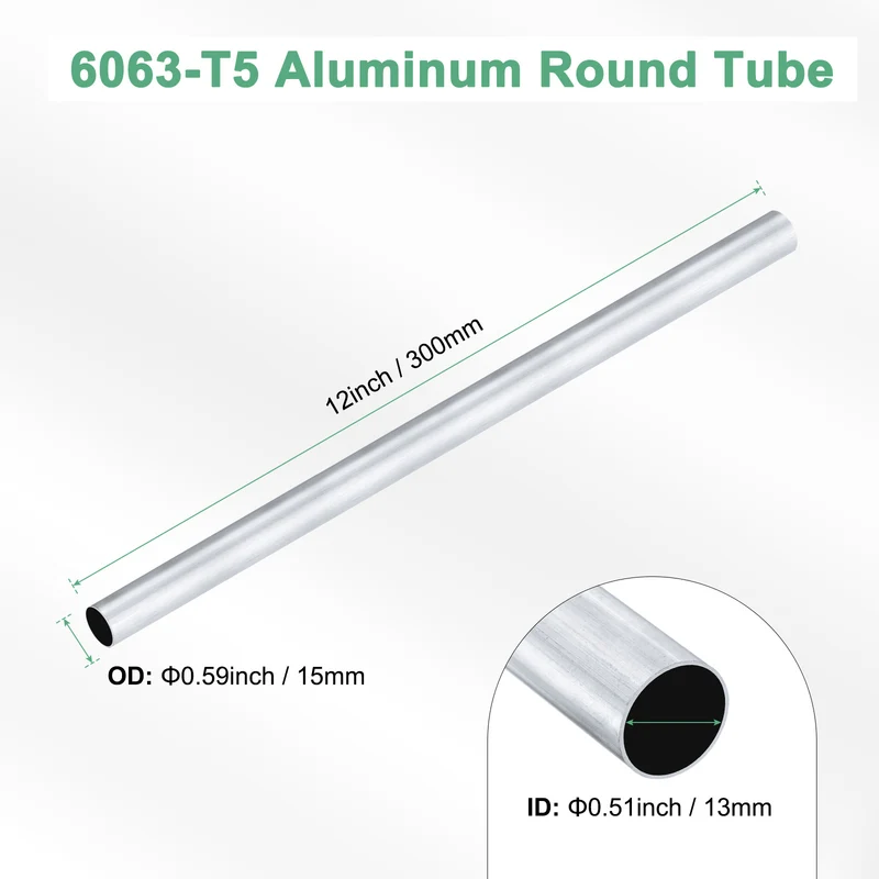 1-Pack 6063 Aluminum Round Tube, 13mmx15mm(IDxOD) 300mm Length Straight Tubing