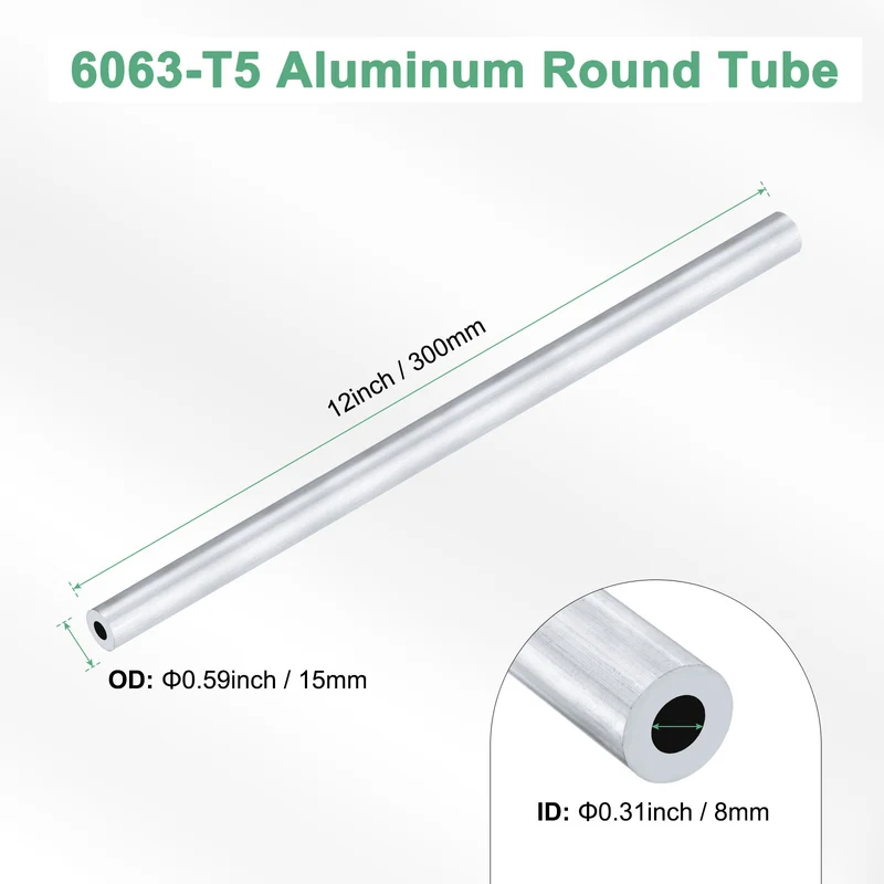 1-Pack 6063 Aluminum Round Tube, 8mmx15mm(IDxOD) 300mm Length Straight Tubing