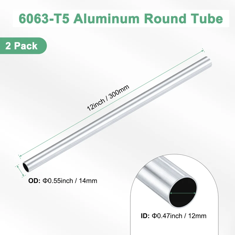 2-Pack 6063 Aluminum Round Tube, 12mmx14mm(IDxOD) 300mm Length Straight Tubing