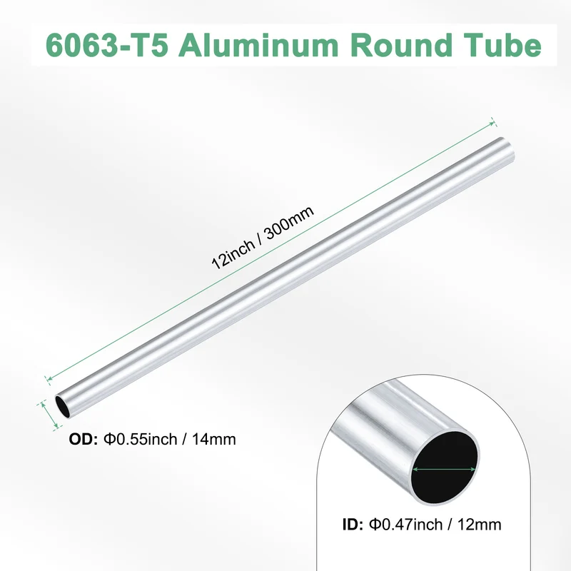 1-Pack 6063 Aluminum Round Tube, 12mmx14mm(IDxOD) 300mm Length Straight Tubing