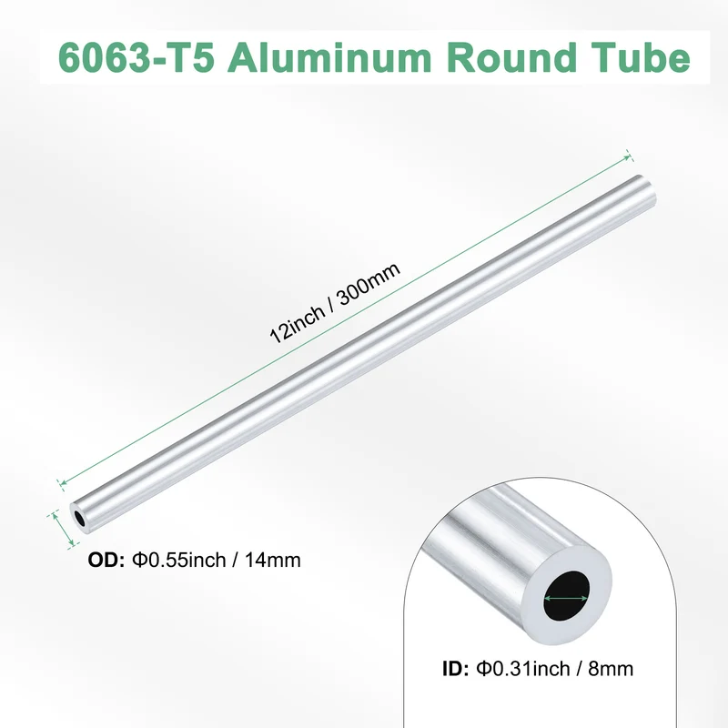 1-Pack 6063 Aluminum Round Tube, 8mmx14mm(IDxOD) 300mm Length Straight Tubing
