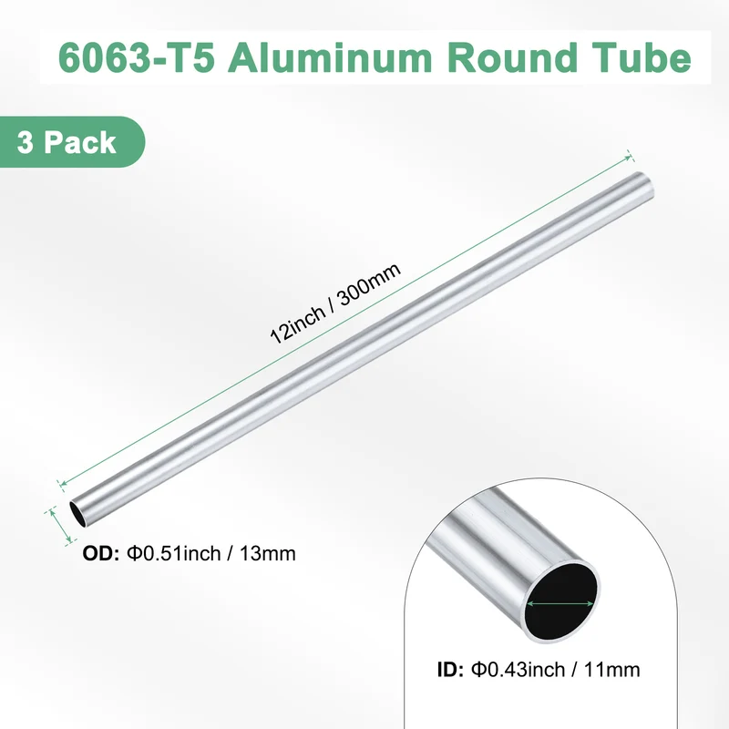 3-Pack 6063 Aluminum Round Tube, 11mmx13mm(IDxOD) 300mm Length Straight Tubing