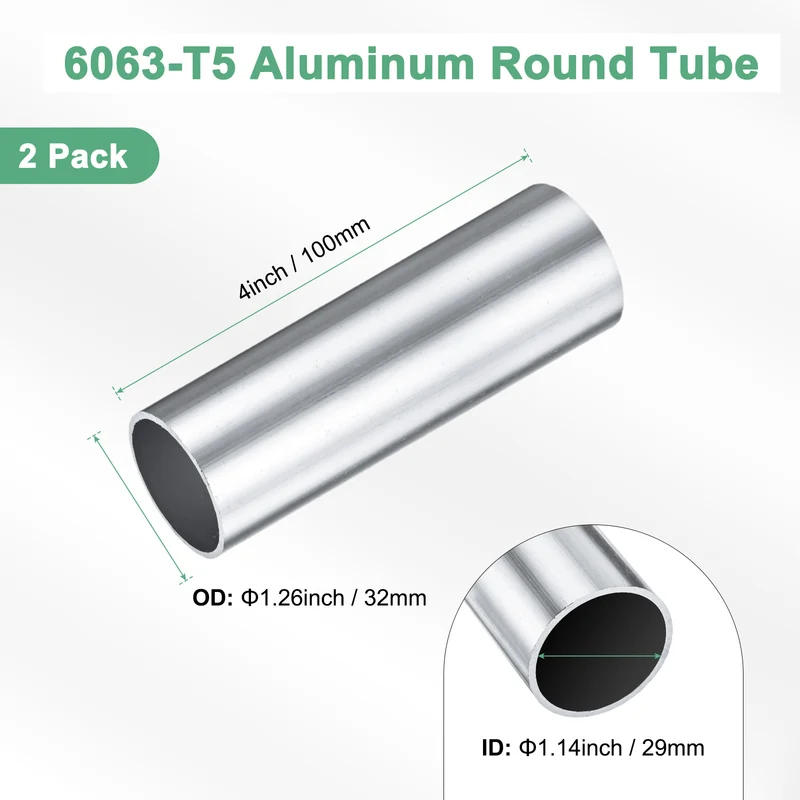 2-Pack 6063 Aluminum Round Tube, 29mmx32mm(IDxOD) 100mm Length Straight Tubing