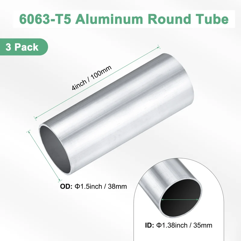 3-Pack 6063 Aluminum Round Tube, 35mmx38mm(IDxOD) 100mm Length Straight Tubing