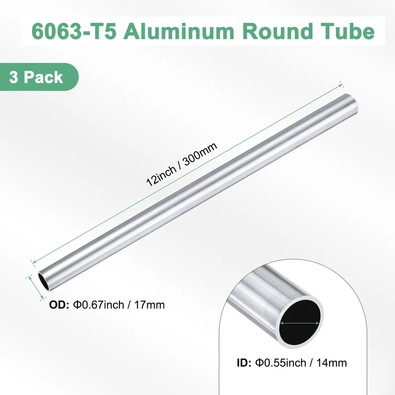 3-Pack 6063 Aluminum Round Tube, 14mmx17mm(IDxOD) 300mm Length Straight Tubing