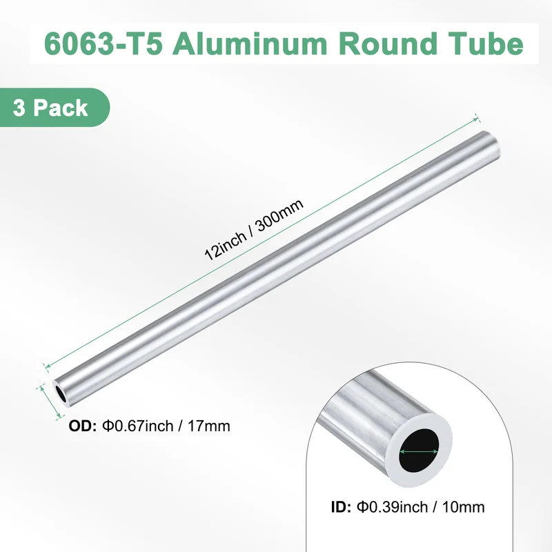 3-Pack 6063 Aluminum Round Tube, 10mmx17mm(IDxOD) 300mm Length Straight Tubing
