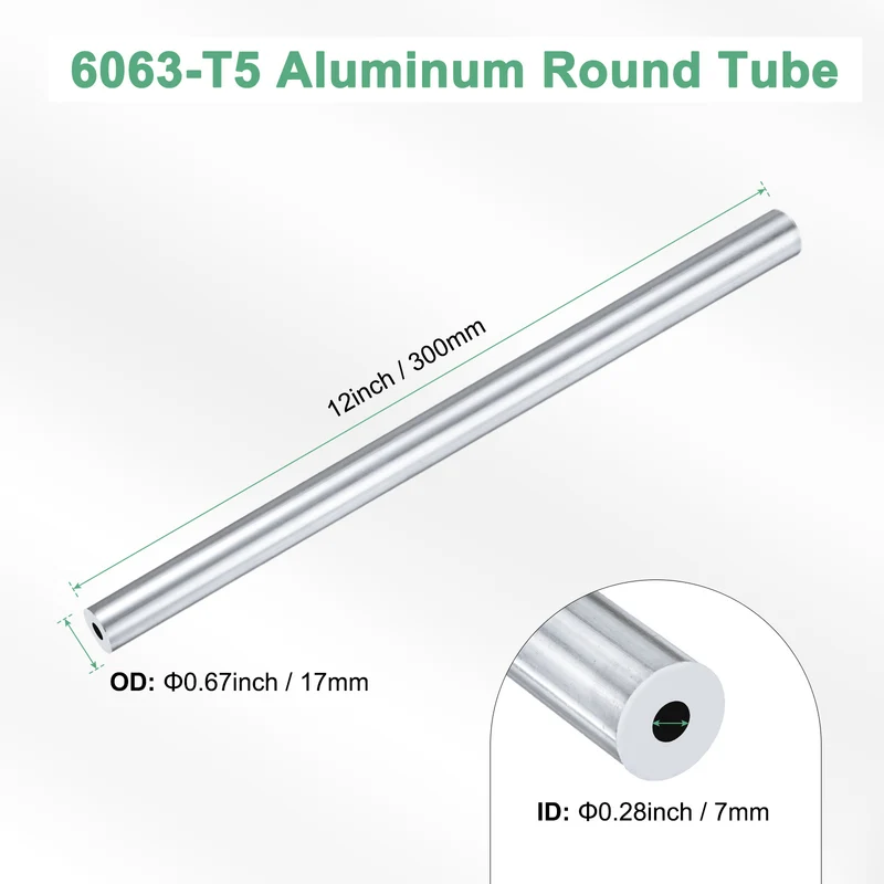 1-Pack 6063 Aluminum Round Tube, 7mmx17mm(IDxOD) 300mm Length Straight Tubing