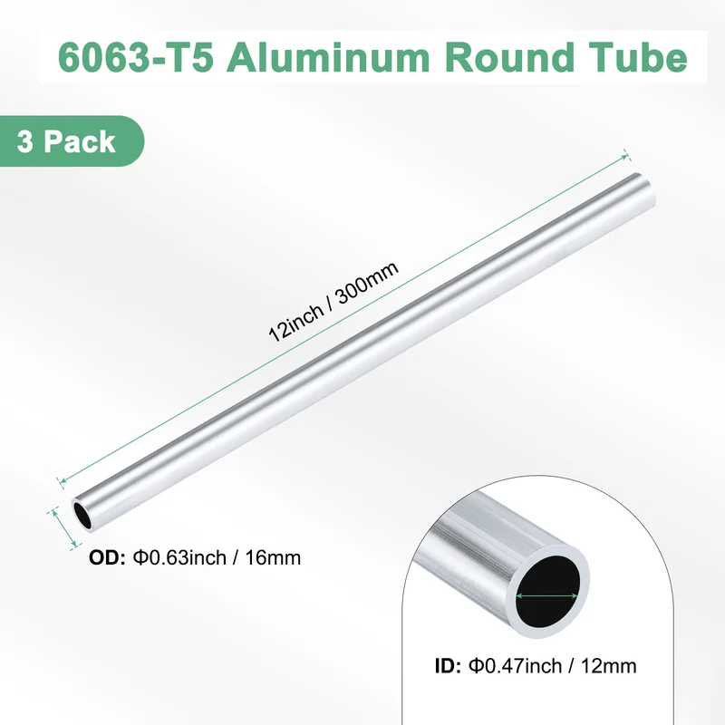 3-Pack 6063 Aluminum Round Tube, 12mmx16mm(IDxOD) 300mm Length Straight Tubing