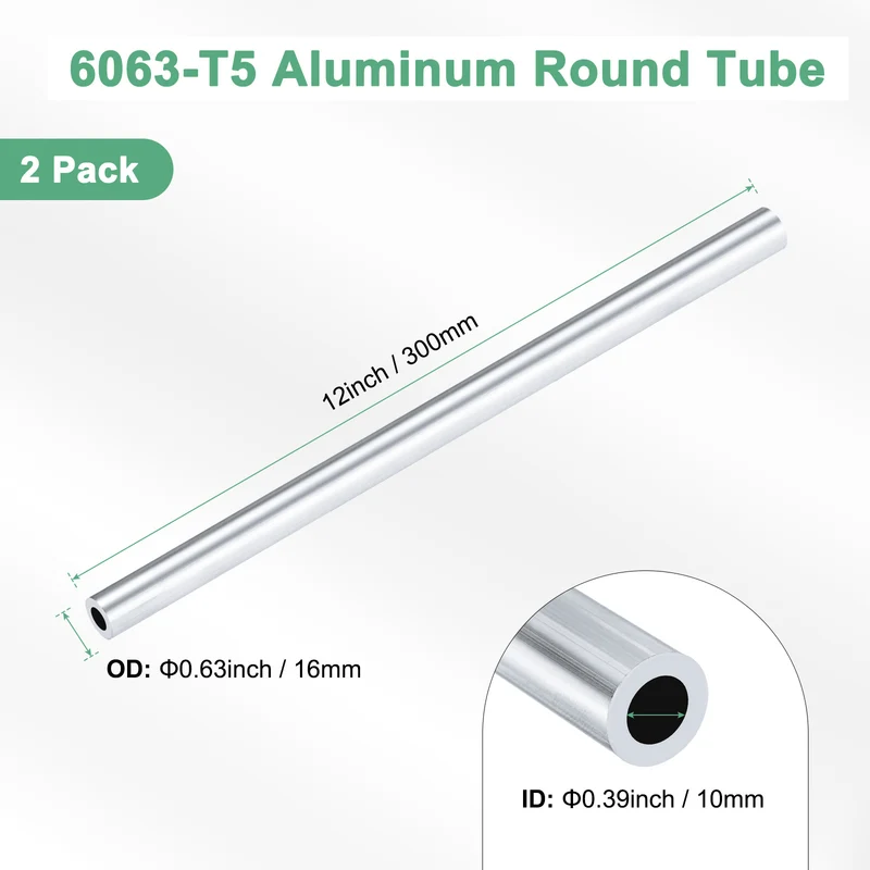 2-Pack 6063 Aluminum Round Tube, 10mmx16mm(IDxOD) 300mm Length Straight Tubing