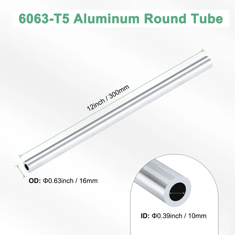 1-Pack 6063 Aluminum Round Tube, 10mmx16mm(IDxOD) 300mm Length Straight Tubing
