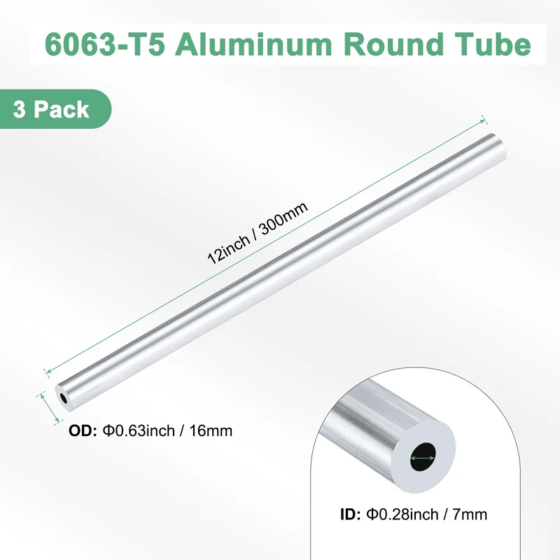 3-Pack 6063 Aluminum Round Tube, 7mmx16mm(IDxOD) 300mm Length Straight Tubing