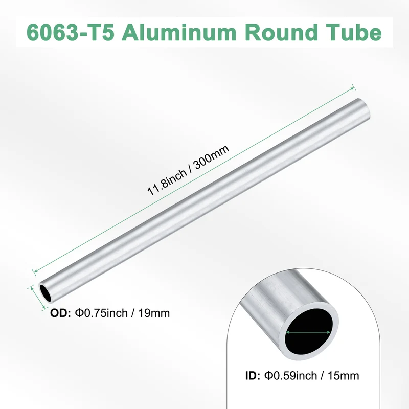 1-Pack 6063 Aluminum Round Tube, 15mmx19mm(IDxOD) 300mm Length Straight Tubing