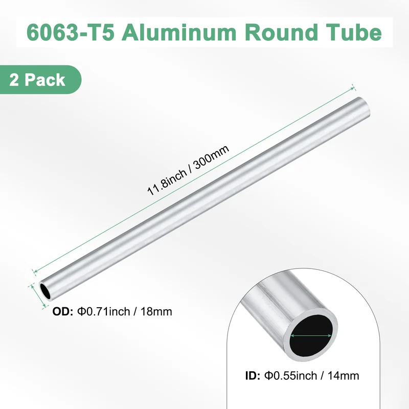 2-Pack 6063 Aluminum Round Tube, 14mmx18mm(IDxOD) 300mm Length Straight Tubing