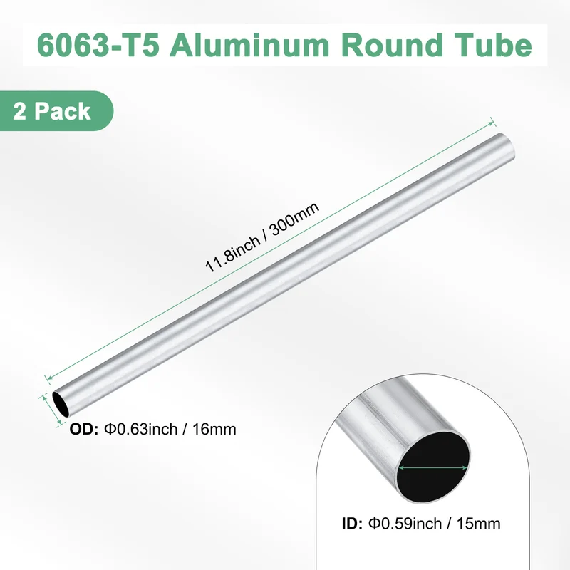 2-Pack 6063 Aluminum Round Tube, 15mmx16mm(IDxOD) 300mm Length Straight Tubing