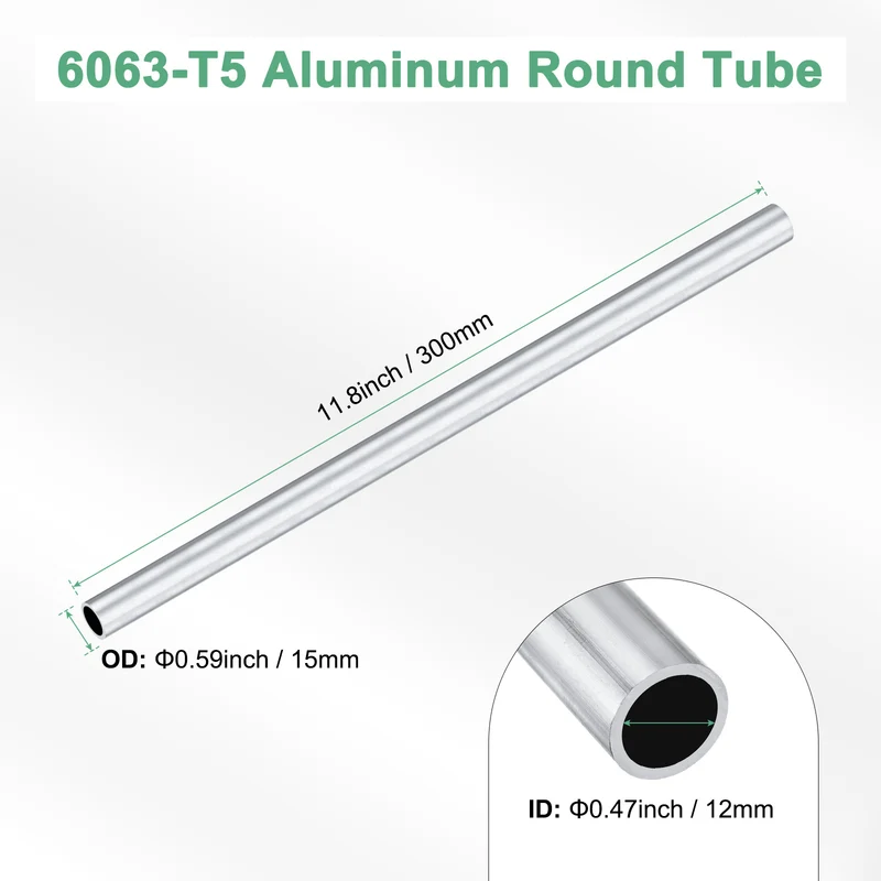 1-Pack 6063 Aluminum Round Tube, 12mmx15mm(IDxOD) 300mm Length Straight Tubing