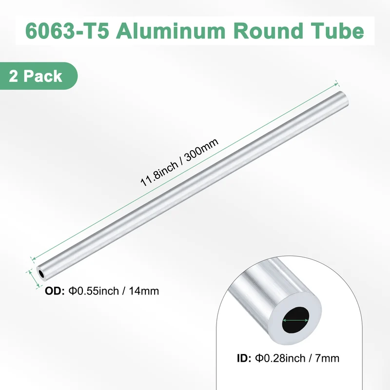 2-Pack 6063 Aluminum Round Tube, 7mmx14mm(IDxOD) 300mm Length Straight Tubing