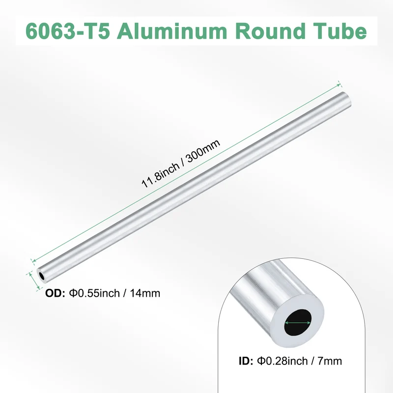 1-Pack 6063 Aluminum Round Tube, 7mmx14mm(IDxOD) 300mm Length Straight Tubing