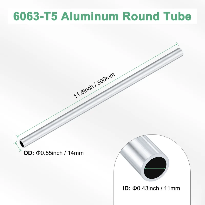 1-Pack 6063 Aluminum Round Tube, 11mmx14mm(IDxOD) 300mm Length Straight Tubing