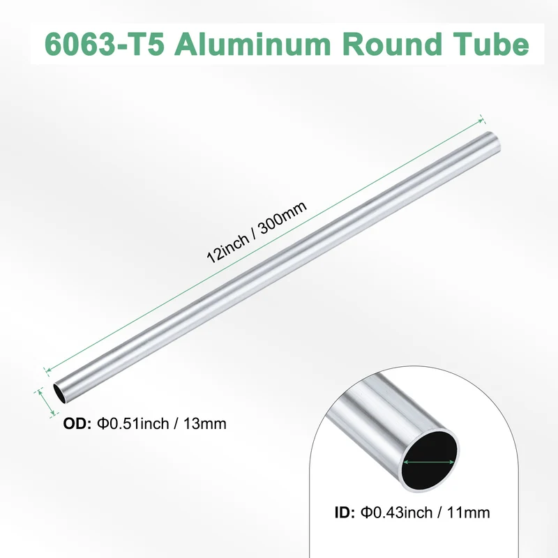 1-Pack 6063 Aluminum Round Tube, 11mmx13mm(IDxOD) 300mm Length Straight Tubing