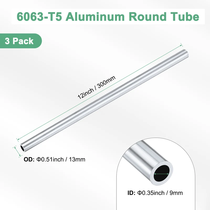3-Pack 6063 Aluminum Round Tube, 9mmx13mm(IDxOD) 300mm Length Straight Tubing