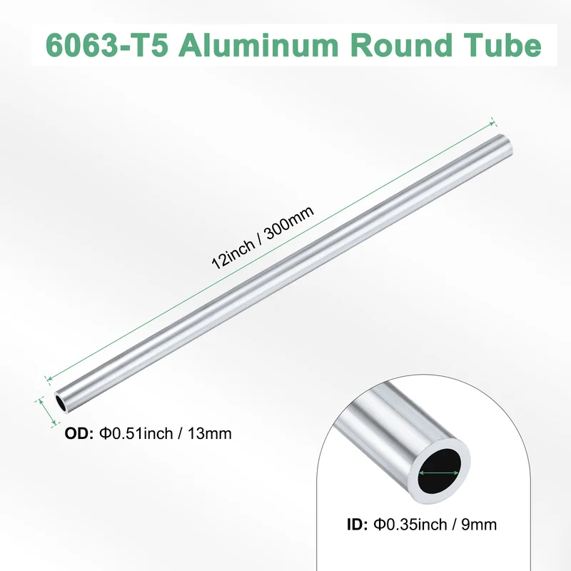 1-Pack 6063 Aluminum Round Tube, 9mmx13mm(IDxOD) 300mm Length Straight Tubing