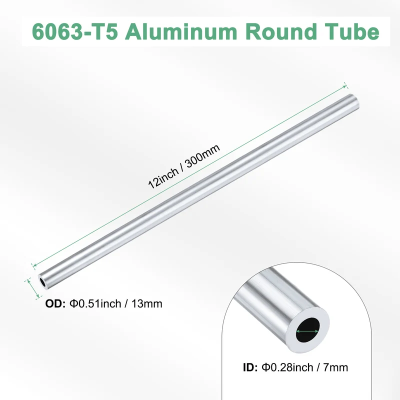 1-Pack 6063 Aluminum Round Tube, 7mmx13mm(IDxOD) 300mm Length Straight Tubing