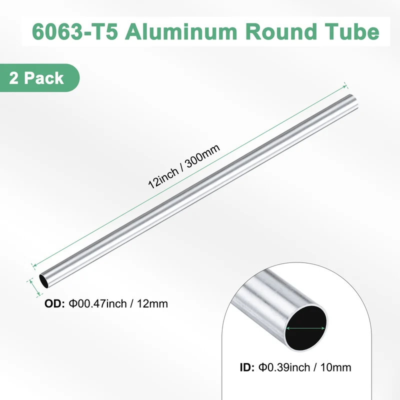 2-Pack 6063 Aluminum Round Tube, 10mmx12mm(IDxOD) 300mm Length Straight Tubing
