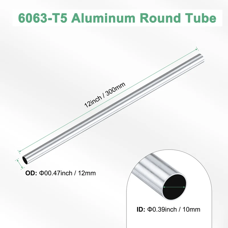 1-Pack 6063 Aluminum Round Tube, 10mmx12mm(IDxOD) 300mm Length Straight Tubing