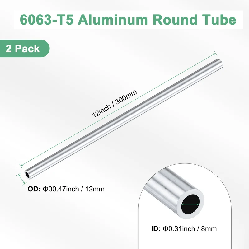 2-Pack 6063 Aluminum Round Tube, 8mmx12mm(IDxOD) 300mm Length Straight Tubing