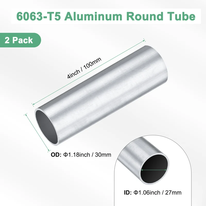 2-Pack 6063 Aluminum Round Tube, 27mmx30mm(IDxOD) 100mm Length Straight Tubing