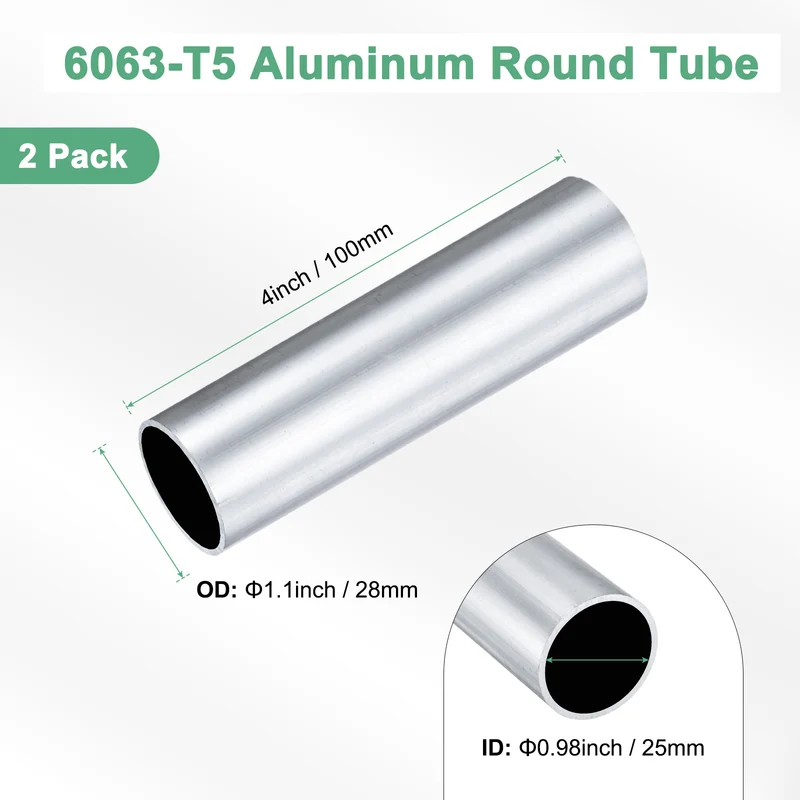 2-Pack 6063 Aluminum Round Tube, 25mmx28mm(IDxOD) 100mm Length Straight Tubing