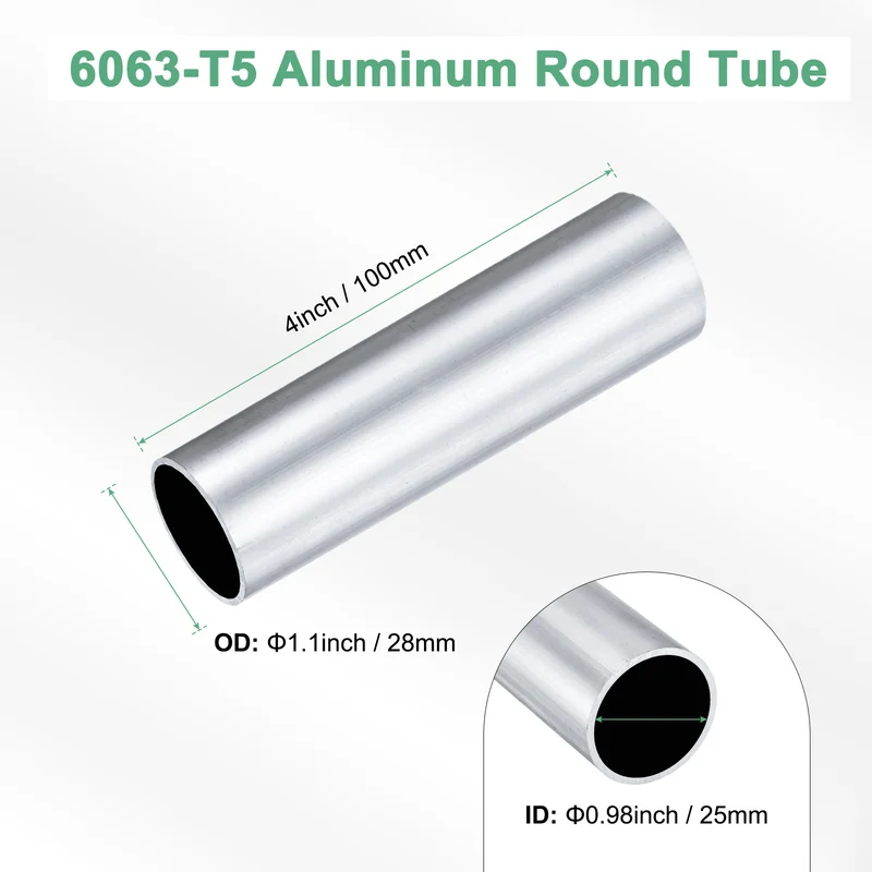1-Pack 6063 Aluminum Round Tube, 25mmx28mm(IDxOD) 100mm Length Straight Tubing
