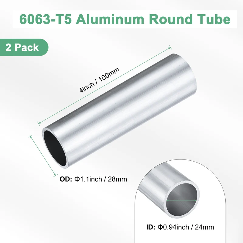 2-Pack 6063 Aluminum Round Tube, 24mmx28mm(IDxOD) 100mm Length Straight Tubing
