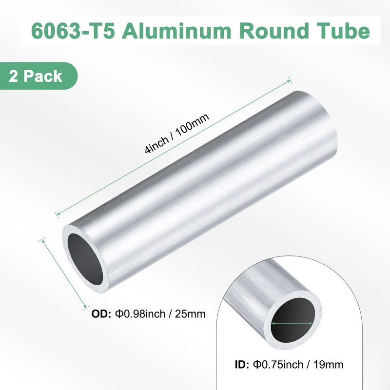 2-Pack 6063 Aluminum Round Tube, 19mmx25mm(IDxOD) 100mm Length Straight Tubing