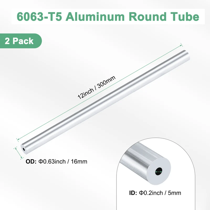 2-Pack 6063 Aluminum Round Tube, 5mmx16mm(IDxOD) 300mm Length Straight Tubing