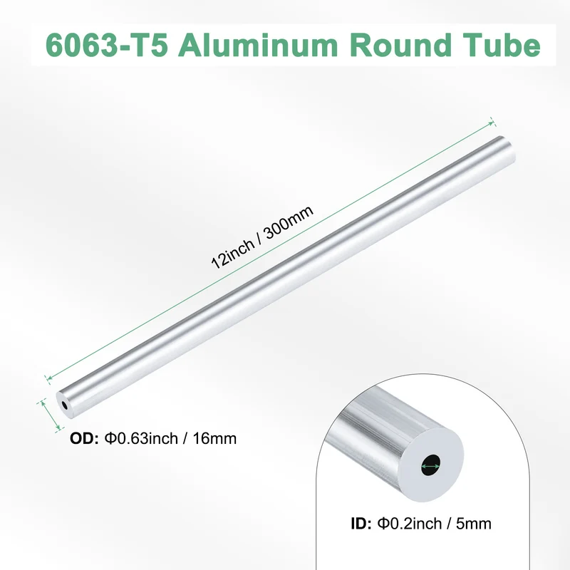 1-Pack 6063 Aluminum Round Tube, 5mmx16mm(IDxOD) 300mm Length Straight Tubing