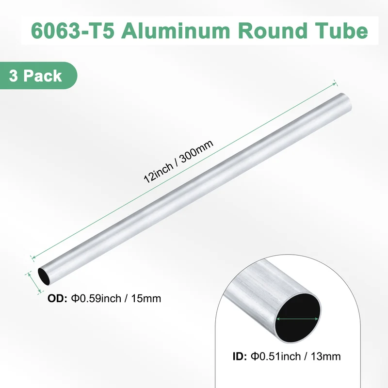3-Pack 6063 Aluminum Round Tube, 13mmx15mm(IDxOD) 300mm Length Straight Tubing