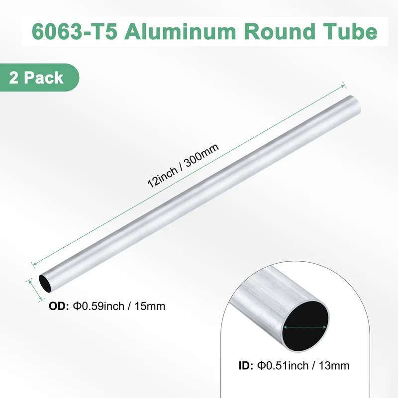 2-Pack 6063 Aluminum Round Tube, 13mmx15mm(IDxOD) 300mm Length Straight Tubing