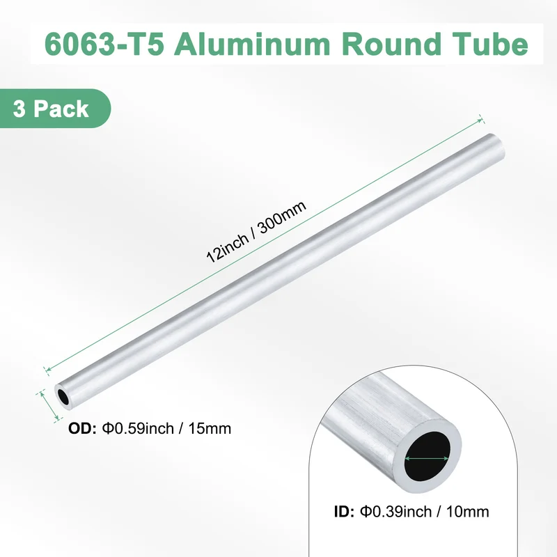 3-Pack 6063 Aluminum Round Tube, 10mmx15mm(IDxOD) 300mm Length Straight Tubing