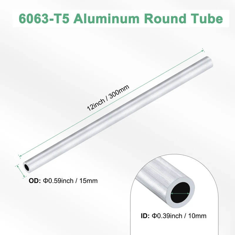 1-Pack 6063 Aluminum Round Tube, 10mmx15mm(IDxOD) 300mm Length Straight Tubing