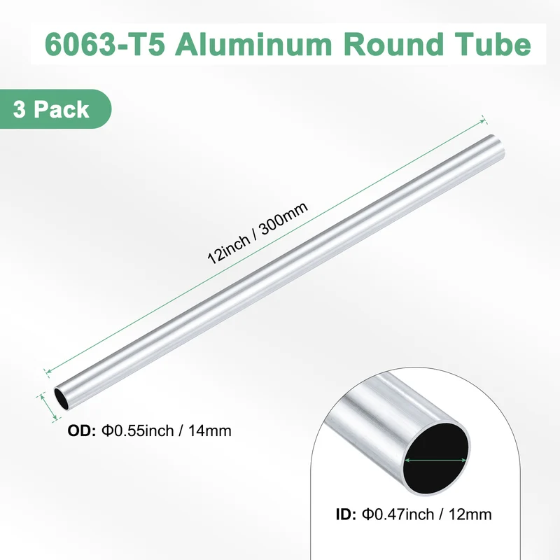 3-Pack 6063 Aluminum Round Tube, 12mmx14mm(IDxOD) 300mm Length Straight Tubing