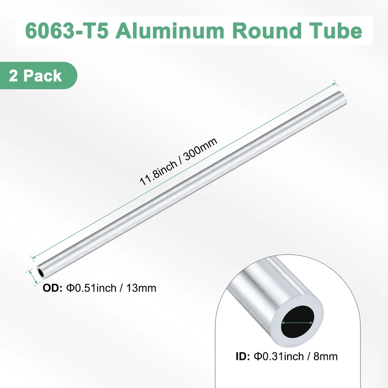 2-Pack 6063 Aluminum Round Tube, 8mmx13mm(IDxOD) 300mm Length Straight Tubing