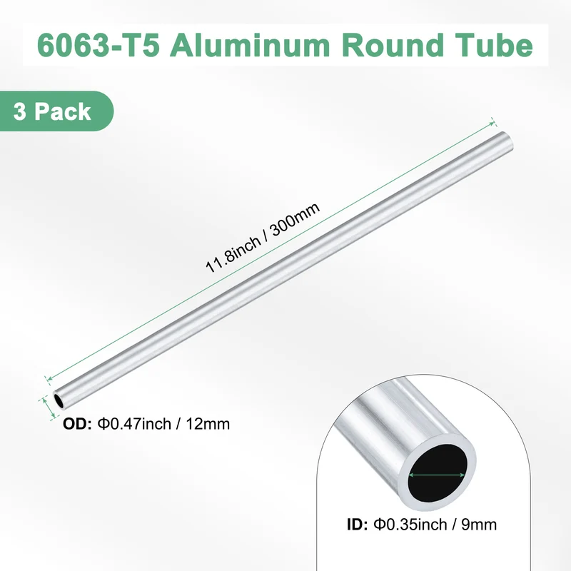 3-Pack 6063 Aluminum Round Tube, 9mmx12mm(IDxOD) 300mm Length Straight Tubing