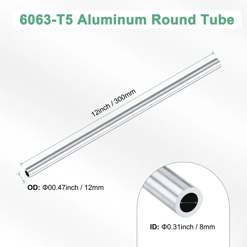 1-Pack 6063 Aluminum Round Tube, 8mmx12mm(IDxOD) 300mm Length Straight Tubing
